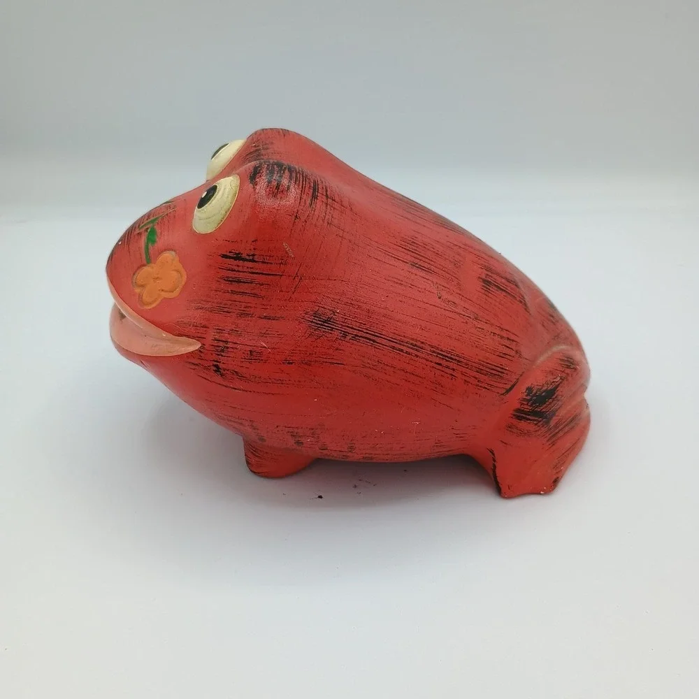 Vintage Painted Red Frog Coin Bank Resin